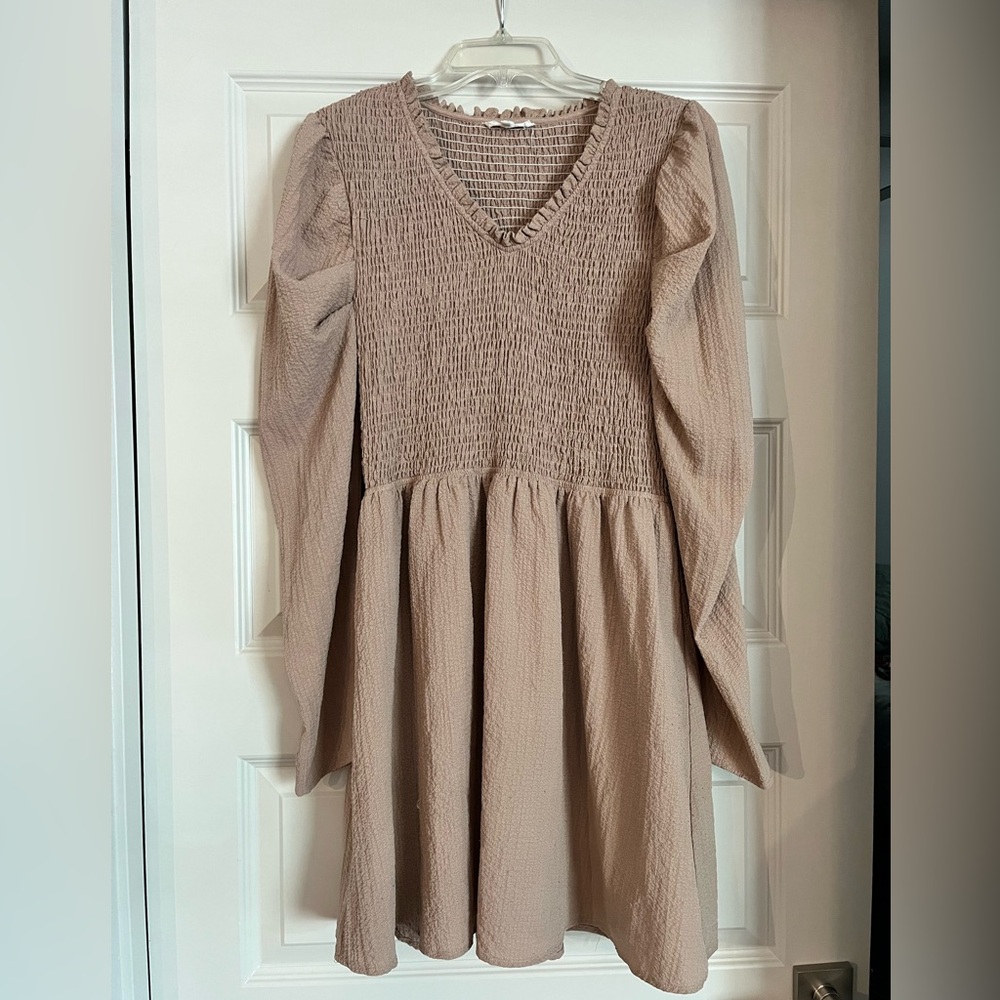 Promesa Boutique Beige Long Sleeve Smocked Dress